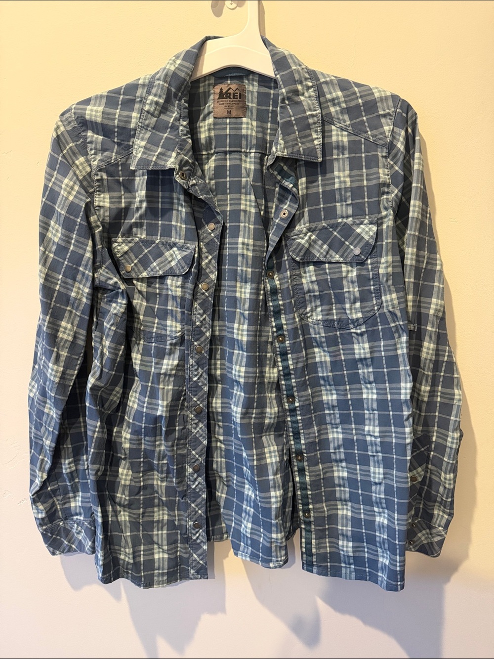 REI Blue and Light Gray Plaid Flannel Shirt